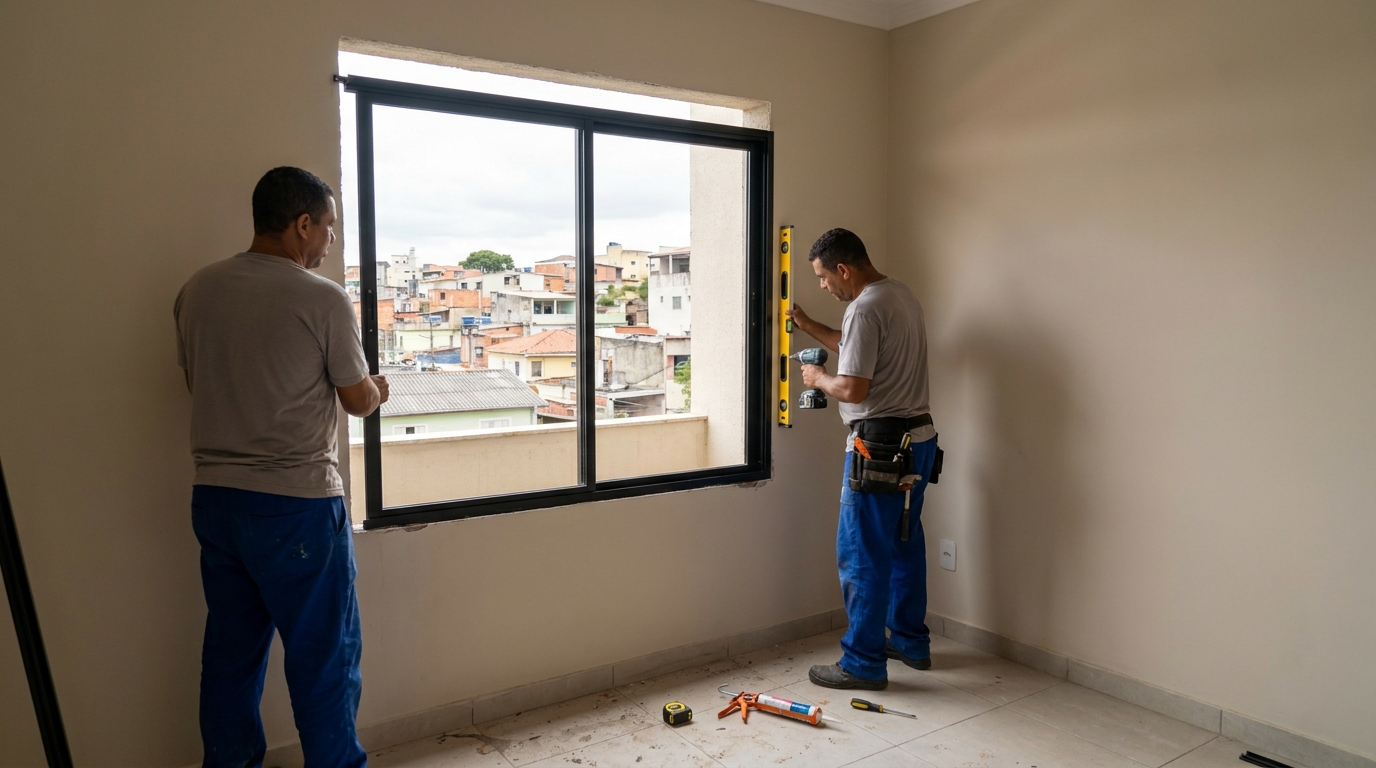 Esquadria de alumínio em quarto bege em Uberlândia-MG