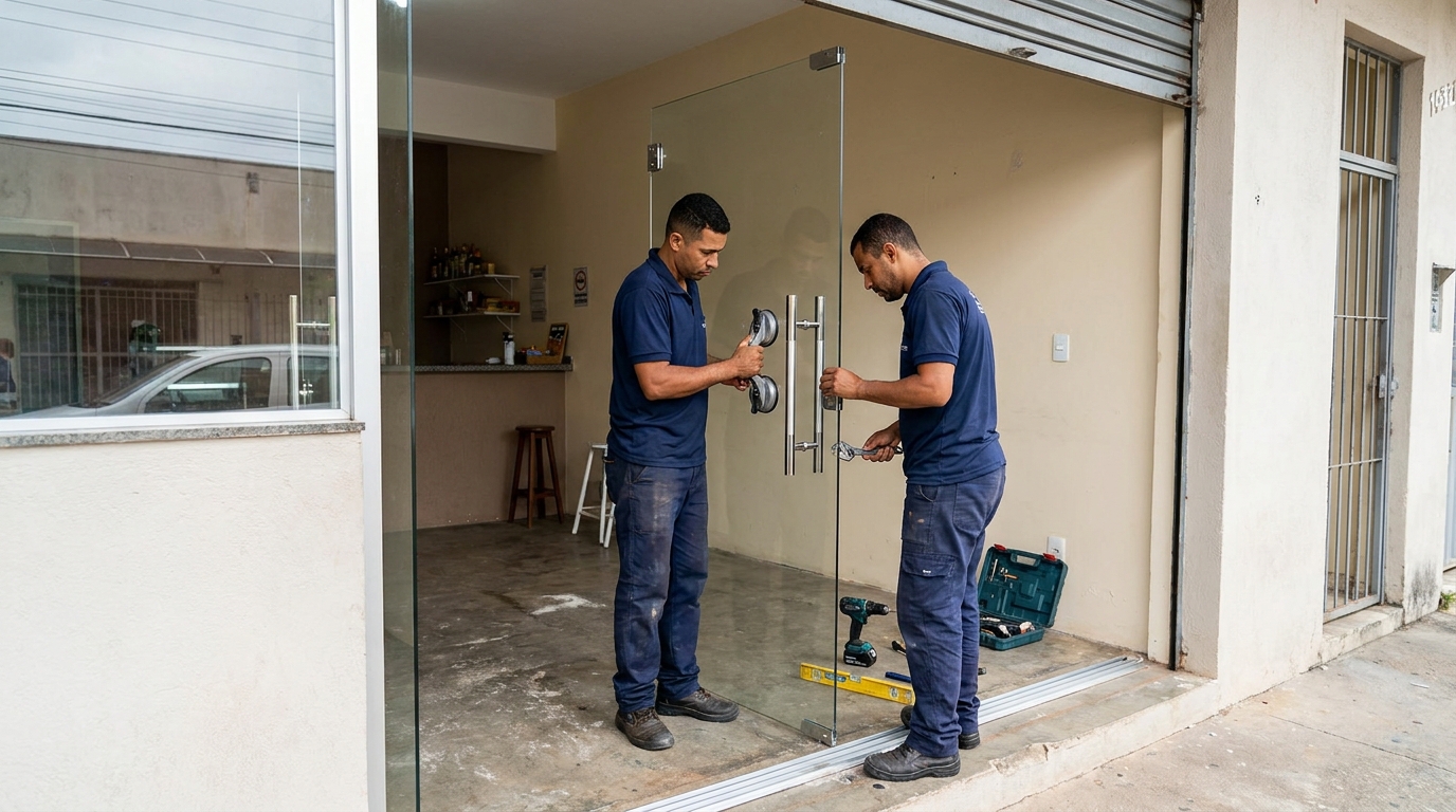 Dupla instalando porta de vidro em loja em Uberlândia-MG