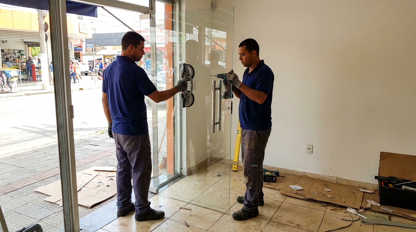 Porta de vidro de loja em rua movimentada em Uberlândia-MG